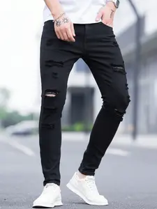 Men's Black Ripped Classic Skinny Jeans, Stretch Slim Fit Tapered Distressed Denim Pants, Streetwear Aesthetic Fashion Casual Slimming Trousers