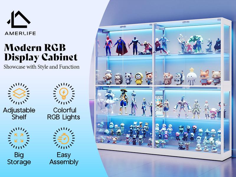 AMERLIFE RGB Display Cabinet with Adjustable Glass Shelves, 4-Tier Storage Case with LED Lights & Press-to-Open Doors, Modern Display Shelf for Collectibles,Best Gift Ideas/Christmas Gifts