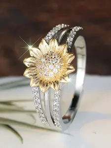 Ins-style, fresh, diamond-encrusted sunflower flower, niche ring, feminine, stylish, high-end feel, ring