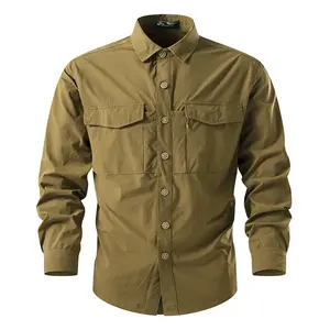 Long Sleeve Shirt Men Spring Autumn Solid Color Outdoor Casual Turn Down Collar American Workwear Shirt Outdoor Casual Mens Jacket 2355