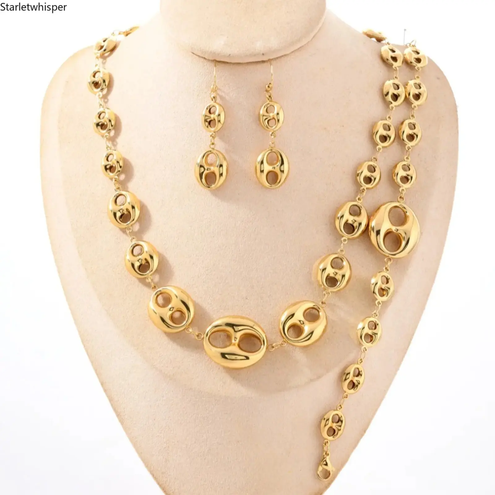 18K Gold Plated Stainless Steel Coffee Bean Pig Nose 3Pcs Jewelry Set, Versatile Casual Accessories, All Season Wear for Daily Styling & Holiday Gifts,sohochic