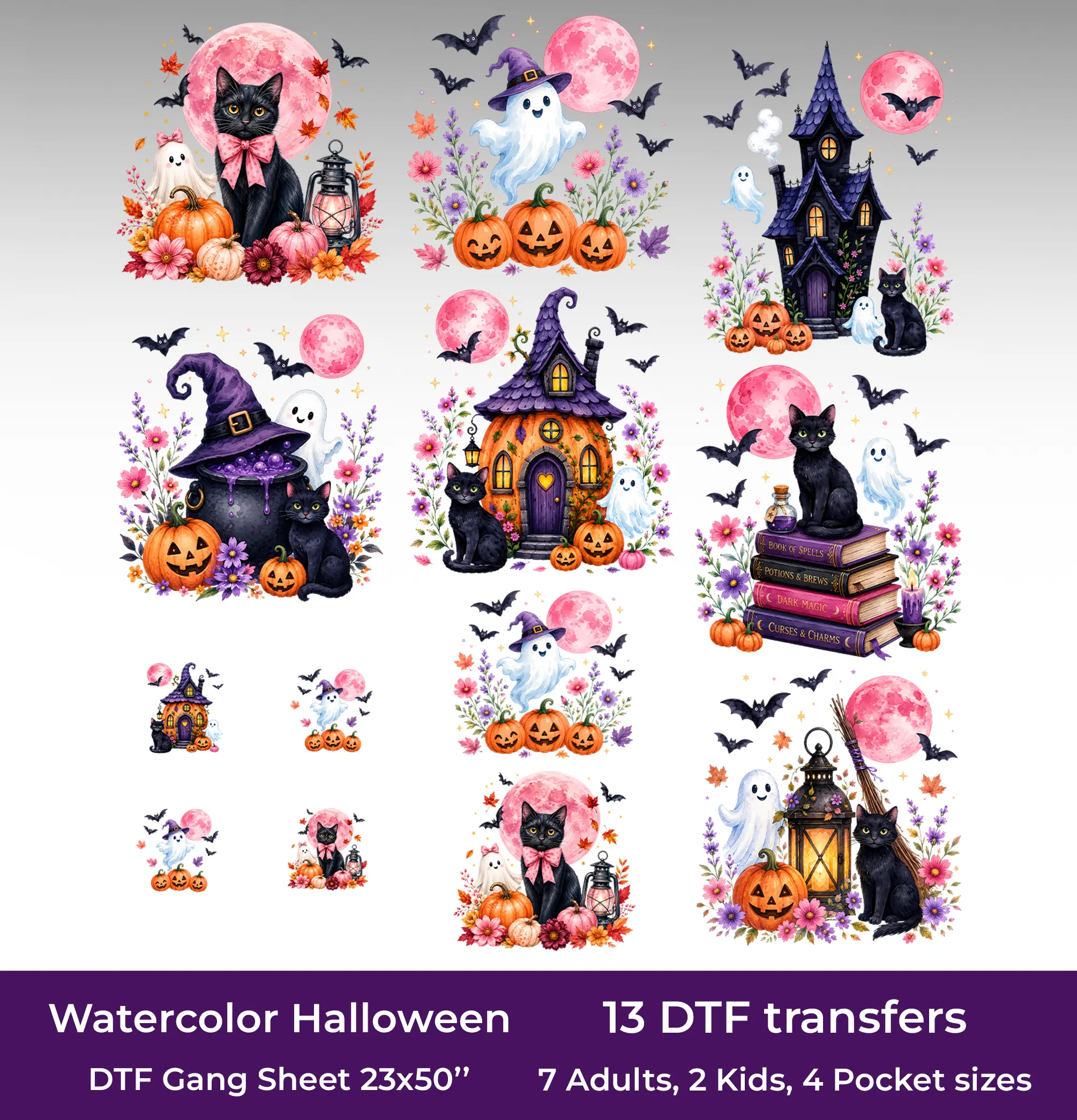 Watercolor Halloween DTF Gang Sheet, 23x50 in. Cute Heat transfers