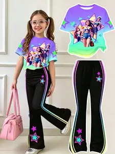 Girls' 2-Piece Set, Gradient Cartoon Print Short Sleeve T-Shirt + Bell Pants, Star Decor, Casual Kids Clothes, Ages 4-12