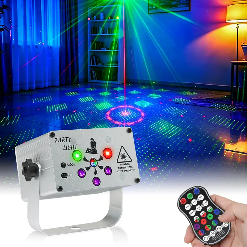 Mini Portable Sound Activated Laser Party Light Remote Control Red Green Multi Pattern Laser Projector Strobe Stage Lamp For Bedroom KTV House Birthday Party Bar Festival Ambient Decor Lighting