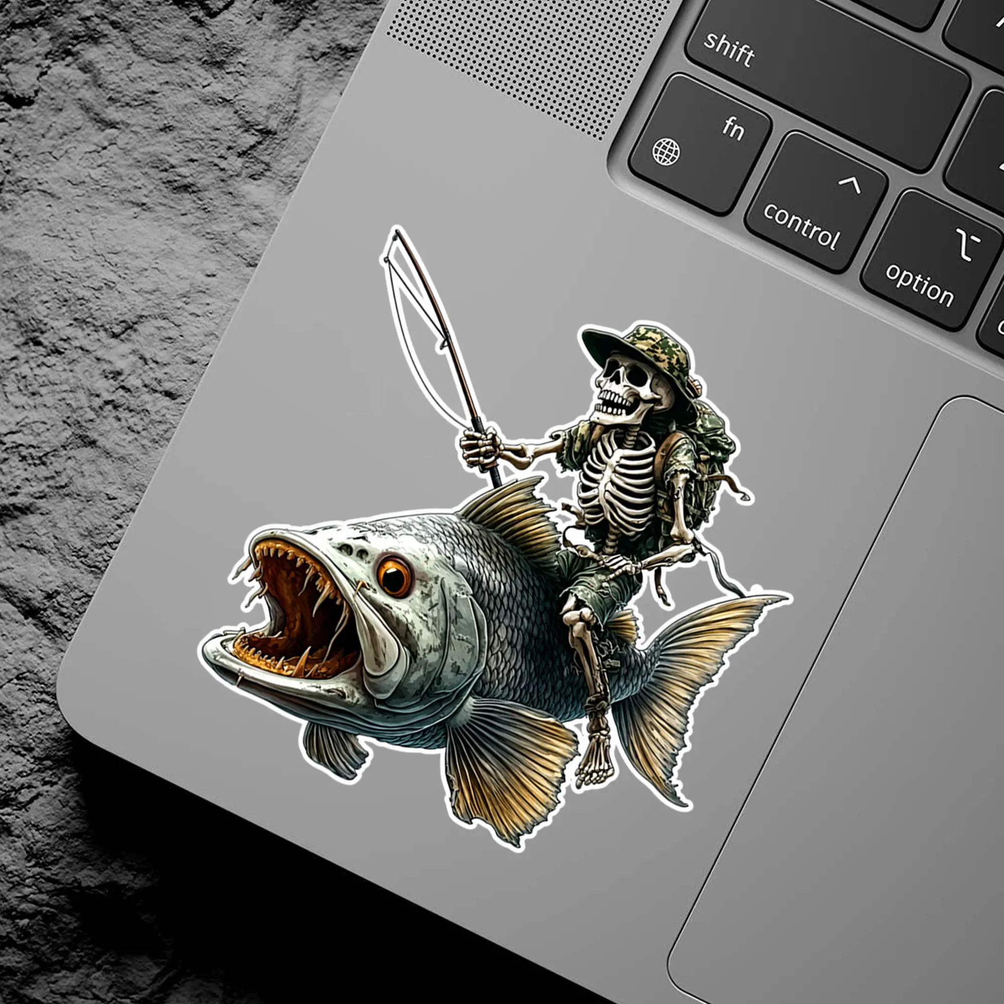 Skeleton Riding Monster Fish Vinyl Sticker, Funny Fishing Decal, Waterproof Outdoor Sticker for Cooler, Tackle Box, Car