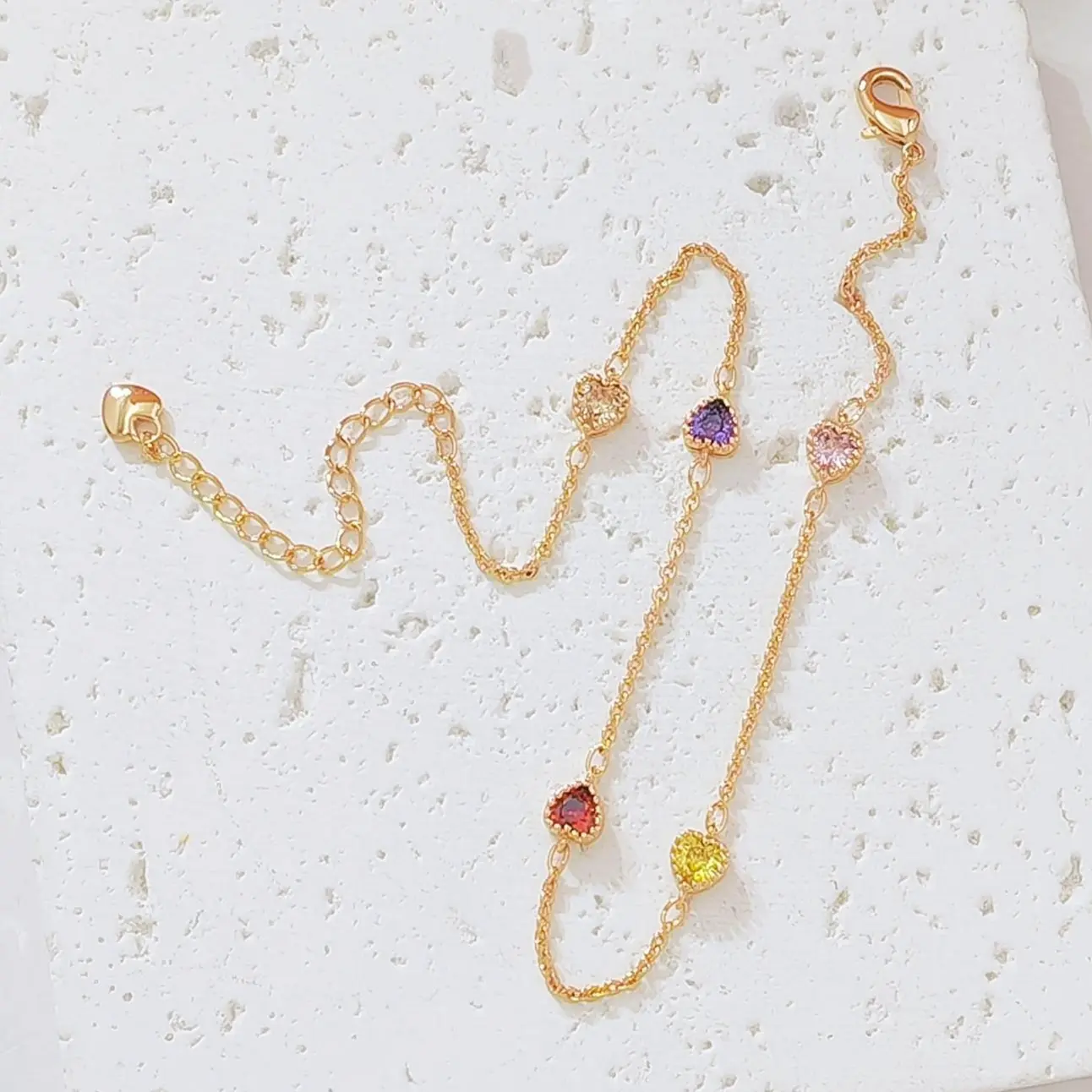 14K Gold Plated Multi Heart CZ Bracelet Dainty Colorful Rainbow Heart Crystal Thin Bracelet Adjustable Lobster Clasp Stackable Fashion Jewelry Birthday Holiday Gift for Women Girls