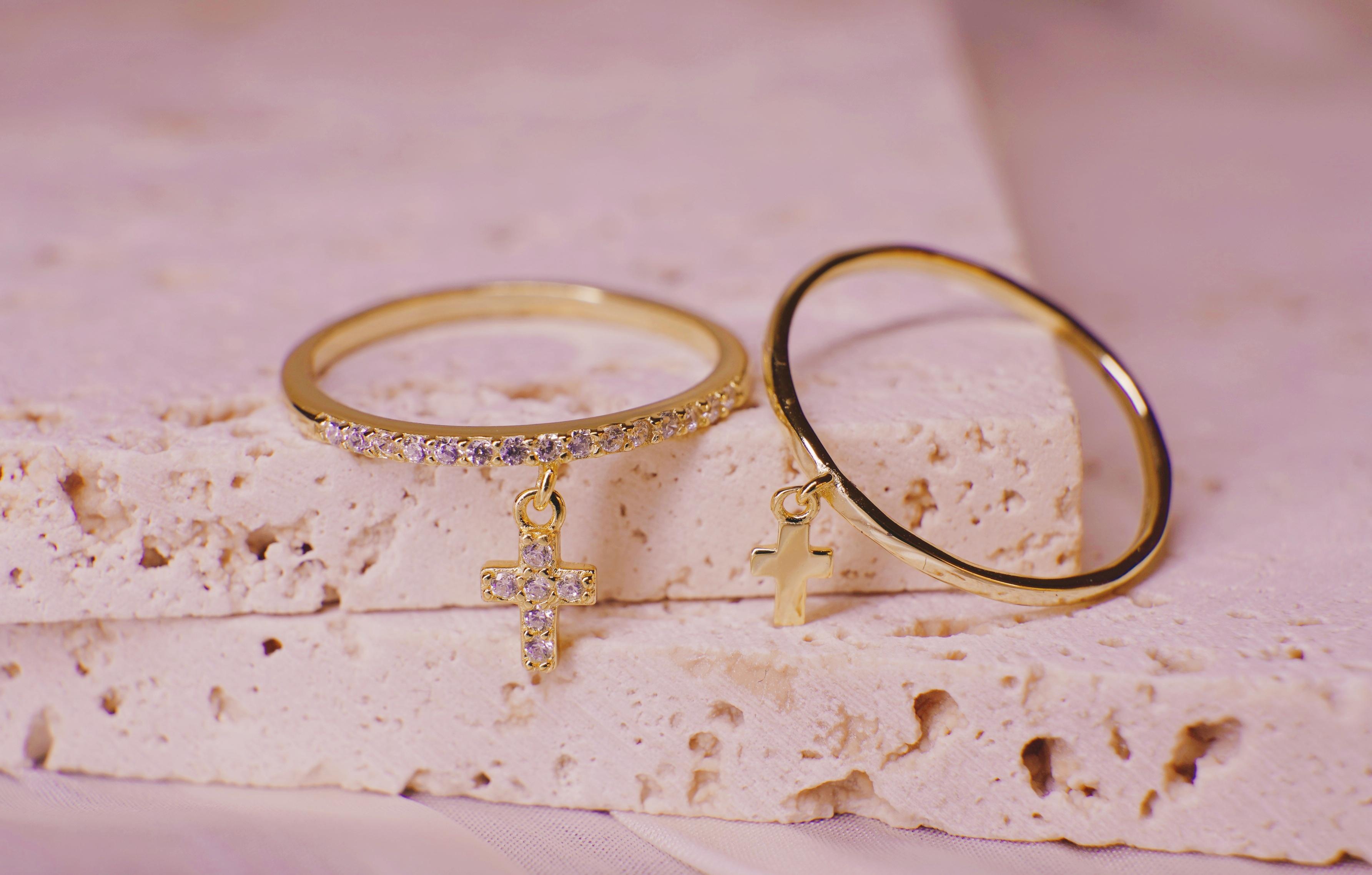 18K Gold Plated 925 Silver Cross-Shaped/Heart-Shaped Pendant Ring For Women