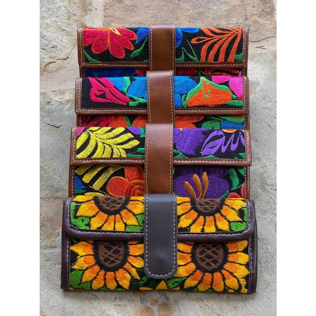 Embroidered Leather Mexican Wallet Handmade in Mexico by Indigenous Artisans Unique Clutch Wallet for Women, Gift for mom, Mother's Day