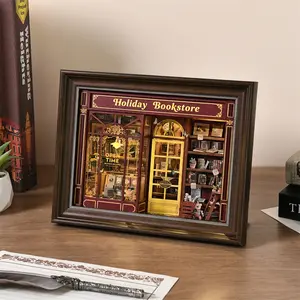 Book Nook Kit Holiday Bookstore DIY 3D Wooden Puzzle Dollhouse Photo frame ornament Model Bookend Building Home Decoration[Holiday Bookstore]
