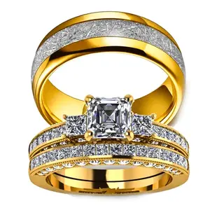 1/2 Set Fashion Couple Rings, Classic Stainless Steel for Men, Elegant Square Cut Cubic Zirconia for Women, Engagement Ring, Wedding Ring Jewelry,Gift