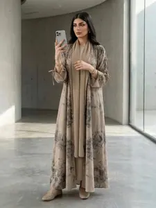 Elegant Women's Tie Dye Print Open Abaya with Headscarf, Muslim Fashion Long Sleeve Abaya Hijab Set for All Seasons, Modest Muslim Outfits, Modesty Clothing