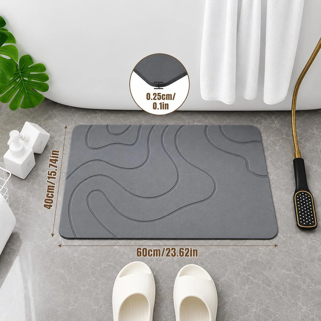 Absorbent Bathroom Mats Grey Diatomaceous Earth Stone Bath Mat - 40x60cm Modern Rectangle, Quick-Drying, Slip Resistance, Water Absorbent, Durable, Moisture Resistant, Machine Washable Easy to Clean Bathroom Accessory for Entryway, Non-Slip