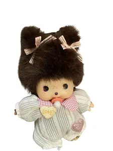 This Little Monchhichi Wears a Lace Dress & Bow Braids Pink Sparkle Heart Keychain That Brings Joy Adorable Collectible