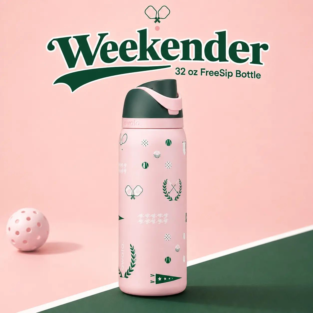 Owala FreeSip Weekender 32oz Insulated Water Bottle – Pink & Green Tennis Print, Built-In Straw and Carry Loop