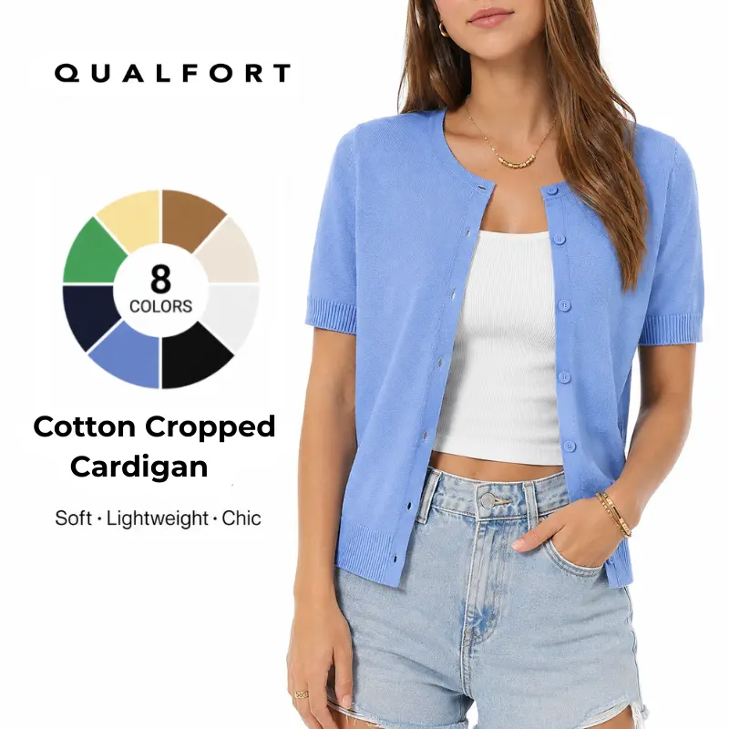 QUALFORT Women’s 100% Cotton Cropped Short-Sleeve Button-Down Knit Cardigan Sweater - Lightweight Basic Knitwear, Women's Fashion Business Casual Summer Tops, Business Casual Tops, Tops Women