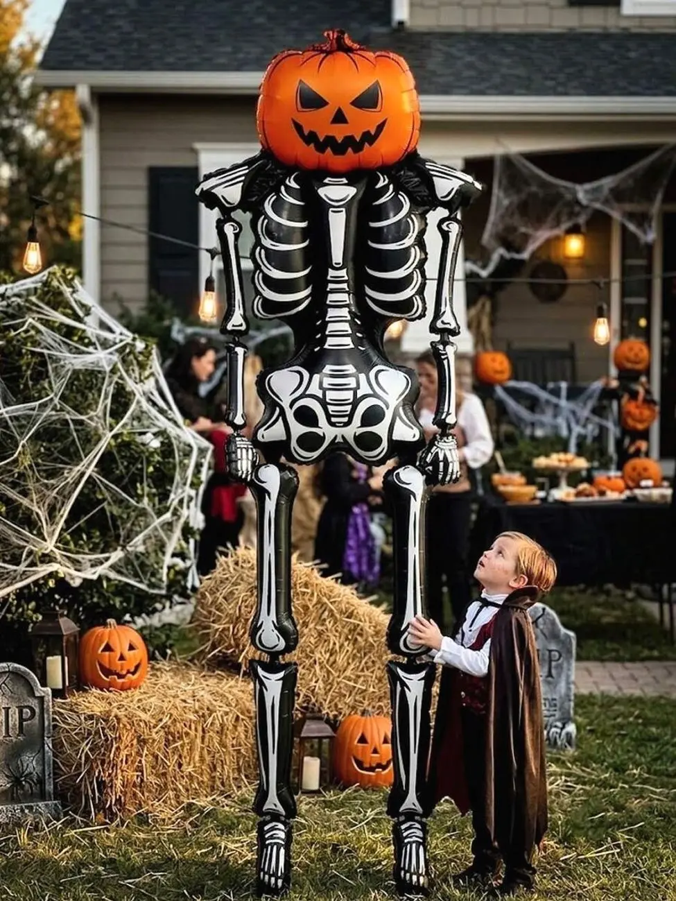 8.33ft Giant Spooky Halloween Decoration – Pumpkin-Head And Poseable Skeleton Design; Foil Balloon Material; Ideal For Trick-Or-Treating, Large-Scale Indoor/Outdoor Halloween Events