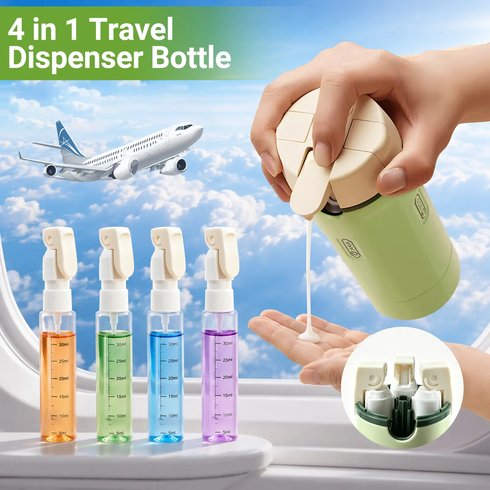 4-in-1 Plastic Round Travel Pump Dispenser Bottle Set, 4-Pack Leak-Proof Adjustable Containers with Measurement Scale & Label Stickers for Travel Use