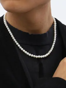 Men's Street Trend Faux Pearl Decor Beaded Necklace Chain, Trendy Minimalist Beaded Necklace, Chic Luxury Jewelry As Gift for Boyfriend, High End Necklace