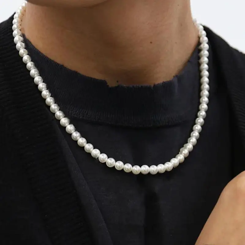 Men's Street Trend Faux Pearl Decor Beaded Chains Necklace, Fashion Necklace, Trendy Minimalist Beaded Necklace, Chic Luxury Jewelry As Gift for Boyfriend, High End Necklace