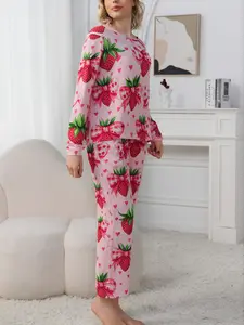Women's Strawberry Fruit Print Sleepwear Set, Round Neck Long Sleeve Top & Loose Comfortable Pants, Elegant Casual Home Wear, Pajama Set