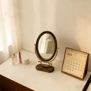 Vintage Wooden Desktop Vanity Mirror with Rotatable Glass Surface for Bedroom Home Use Rotating Dresser Mirror Dressing Mirror