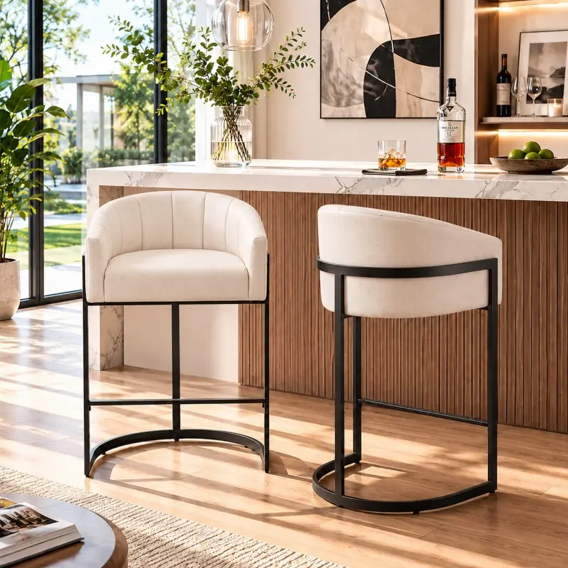 Modern Fabric Bar Stools Set of 2, Upholstered Barrel Back Counter Height Chairs with Black Metal Frame and Thick Padded Seat, Kitchen Island Dining Stools for Home Bar, Beige