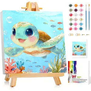 Aestalrcus Paint by Numbers Kit for Kids with Frame, Sea Turtle Paint by Numbers for Kids Ages 4-8-12,DIY Acrylic Oil Painting for Home Wall Decor Gift 8 x 8 Inch (with Frame Easel)