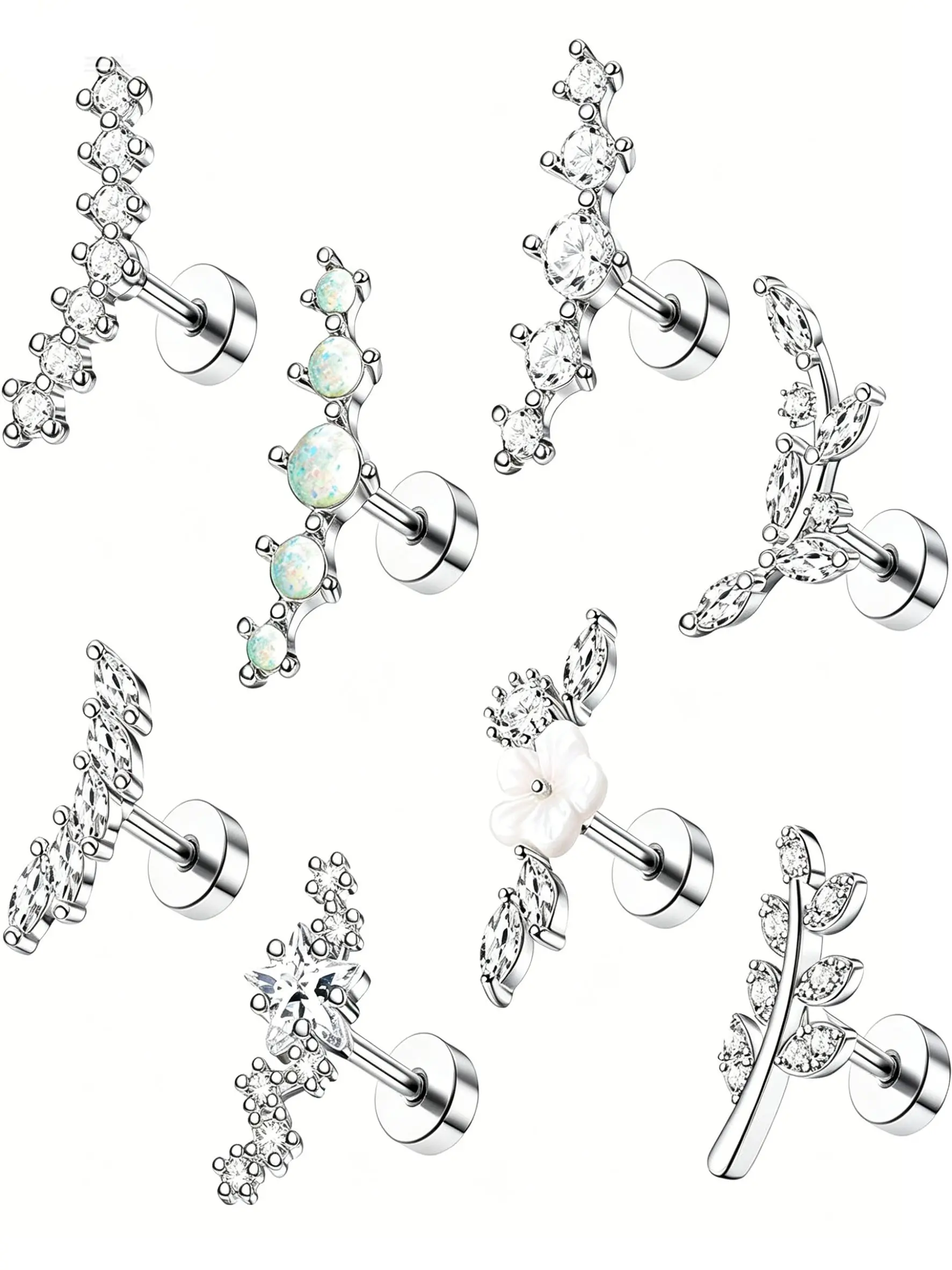 8Pcs Silver Tone Ear Climber Cartilage Studs Set, Hypoallergenic 316L Stainless Steel Flat Back Piercing Earrings with CZ Opal Flower Leaf Star for Women Tragus Helix Piercing, Earring Sets For Multiple Piercing