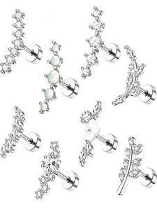 8Pcs Silver Tone Ear Climber Cartilage Studs Set, Hypoallergenic 316L Stainless Steel Flat Back Piercing Earrings with CZ Opal Flower Leaf Star for Women Tragus Helix Piercing
