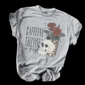 Coffee - Caffeine Because Adulting Is Hard Bleached Shirt Comfy Unisex Jersey Top Casual Vintage Style Short Sleeve Crew Neck Medium Le