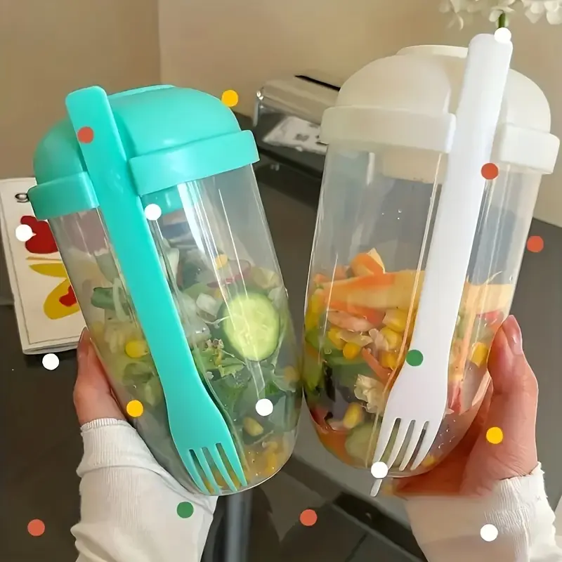 2pcs Large-capacity Salad Set: 33.81oz Salad Container + Fork + Seasoning Compartment; Salad Shaker Cup, Salad Dressing Box, Picnic Lunch And Breakfast Bento Cup, Portable Condiment Container, Kitchenware, Salad-making Kitchen Tool.