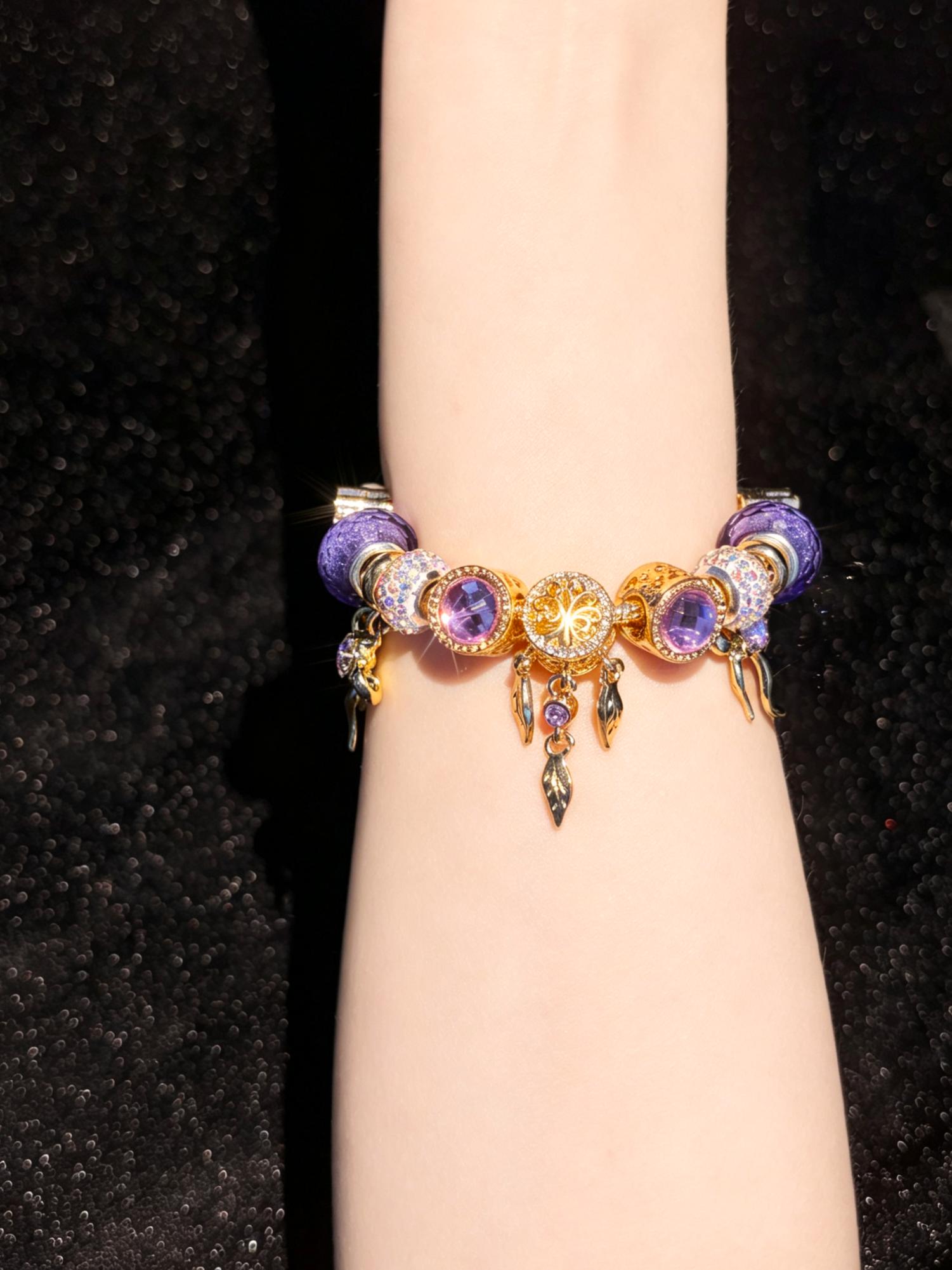 Women's Elegant Ornate Hollow Leaf Floral Dangle Charm Bracelet - Gold-Tone Snake Chain, Purple Crystal, Glitter Beads - Fashion Costume Jewelry Gift