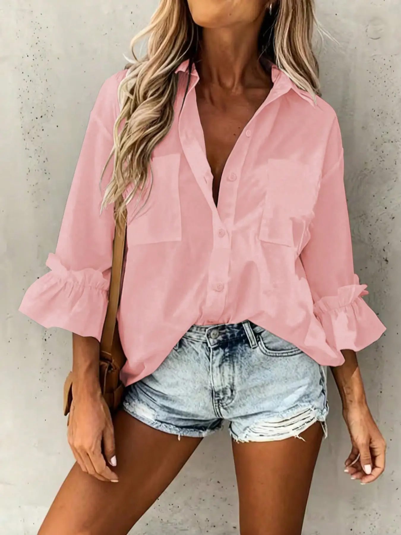 Spring Summer New Solid Color Shirt, Casual Long Sleeve Button-Up Blouse, Smooth 7/8 Sleeve, Vacation Wear, Work Formal, Daily, Party Fashion Top, Casual Classy Top