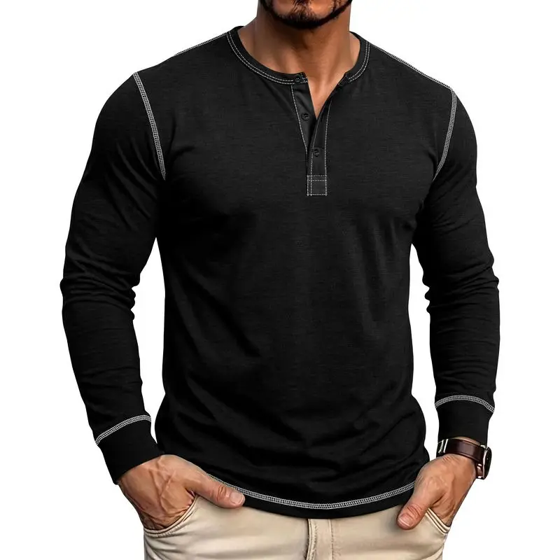 Men's Winter Long-Sleeved Henley Shirt, Men's Henley Collar T-Shirt