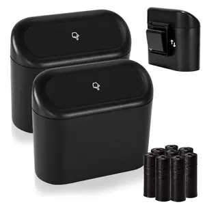 2 Pack Mini Car Trash Can with Lid, Small Garbage Can, Cute Leakproof ABS Trash Bin, Car Accessories for Interior, Garbage Bin for Home, Office with 120pcs Trash Bags Black