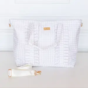 Nude Plaid Ruffled Nylon Tote Bag