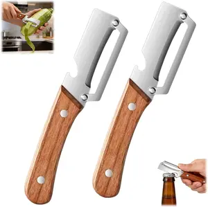 Vegetable Peeler with Wooden Handle and Bottle Opener,Stainless Steel Blade Kitchen Tool for Fruit Apple Potato