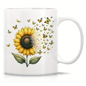 [Made in US] 1pc Sunflower and Butterfly Ceramic Coffee Mug - Double-Sided Print, Reusable, Machine Wash Safe, No Electricity Needed - Ideal for Office, Mother'S Day, Thanksgiving, Birthday, Teachers' Day Gifts