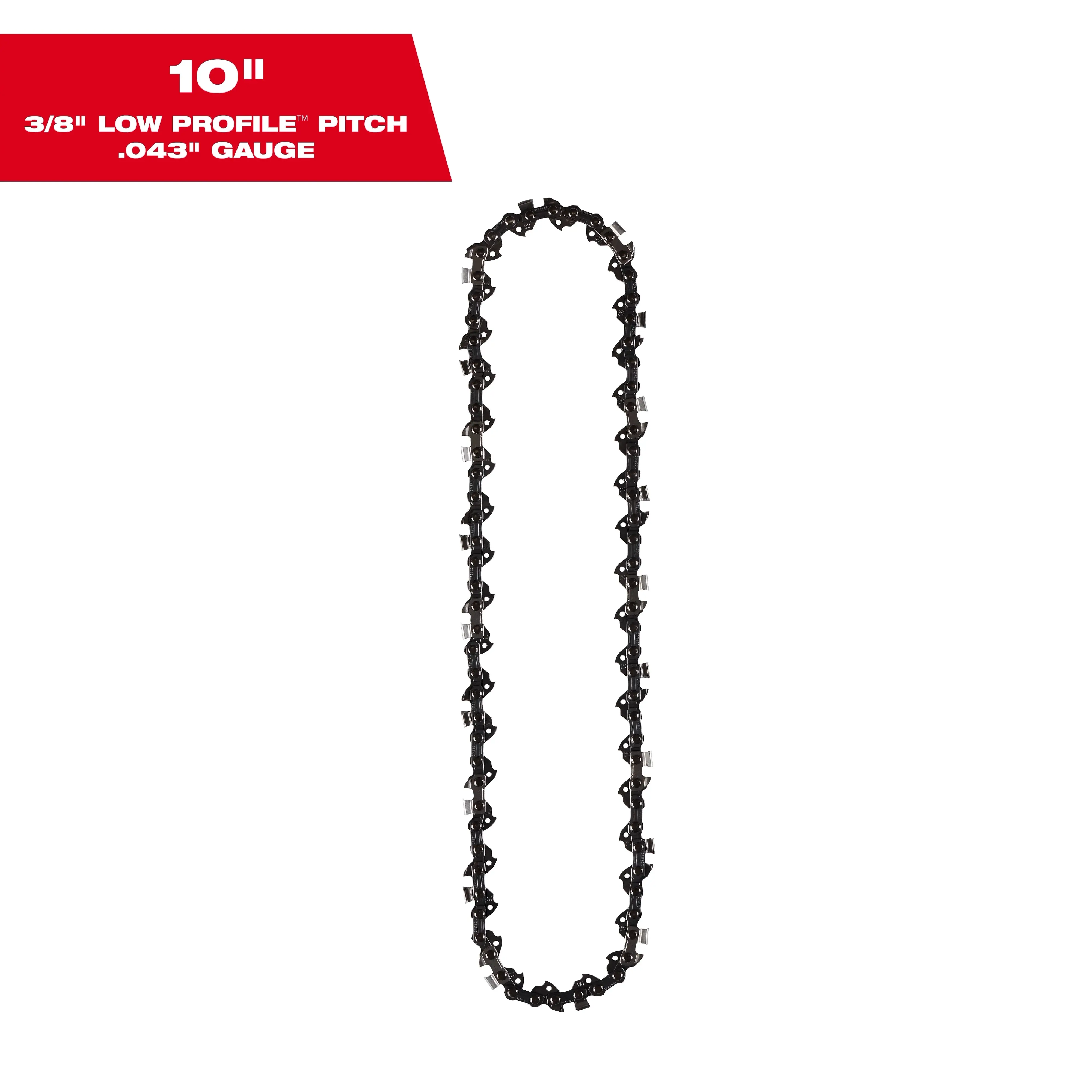 Milwaukee 49-16-2723 Low Profile™ Saw Chain - 10" Length, 3/8" Pitch, .043" Gauge, Chamfer Chisel Tooth Shape, Low Profile™ Cutters, Less Re-Sharpening, Narrow Kerf, Maximize Battery Efficiency