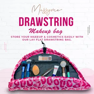 Messyme Makeup Bag Organizer - Magic Cosmetics Pouch Bag Drawstring Makeup Bag Opens flat for Skin Care, Toiletries, Eyeshadow, Lipstick with Brush Holder & Large Pockets Pink Leopard