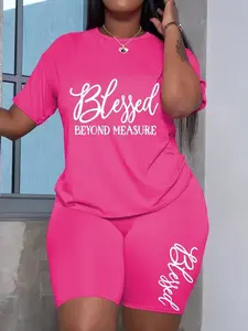 Women's Plus Size 2-Piece Sportswear Set, Round Neck Short Sleeve Tshirt with Letter Print, Casual Lady Clothing for Spring & Summer