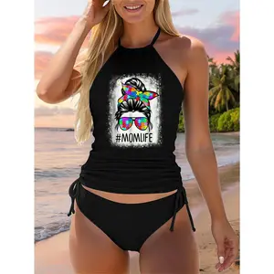 Autism Awareness MomLife Messy Bun Puzzle Beached Two Piece Swimsuit