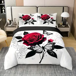 3-Piece Bedding Set (1 Fitted Sheet + 2 Pillowcases), Rose Floral Heart Butterfly Striped Art Print, Soft Comfortable, Bedroom Bedding Set, Decorative Bedding Set