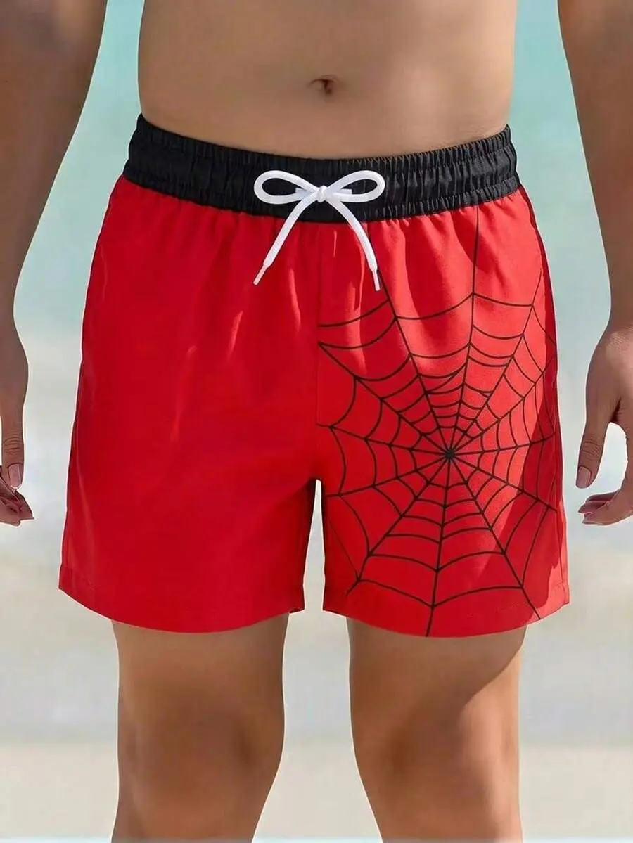 Men's spider print swim shorts, summer beach/pool shorts, suitable for water activities, vacations, and outdoor swimwear.