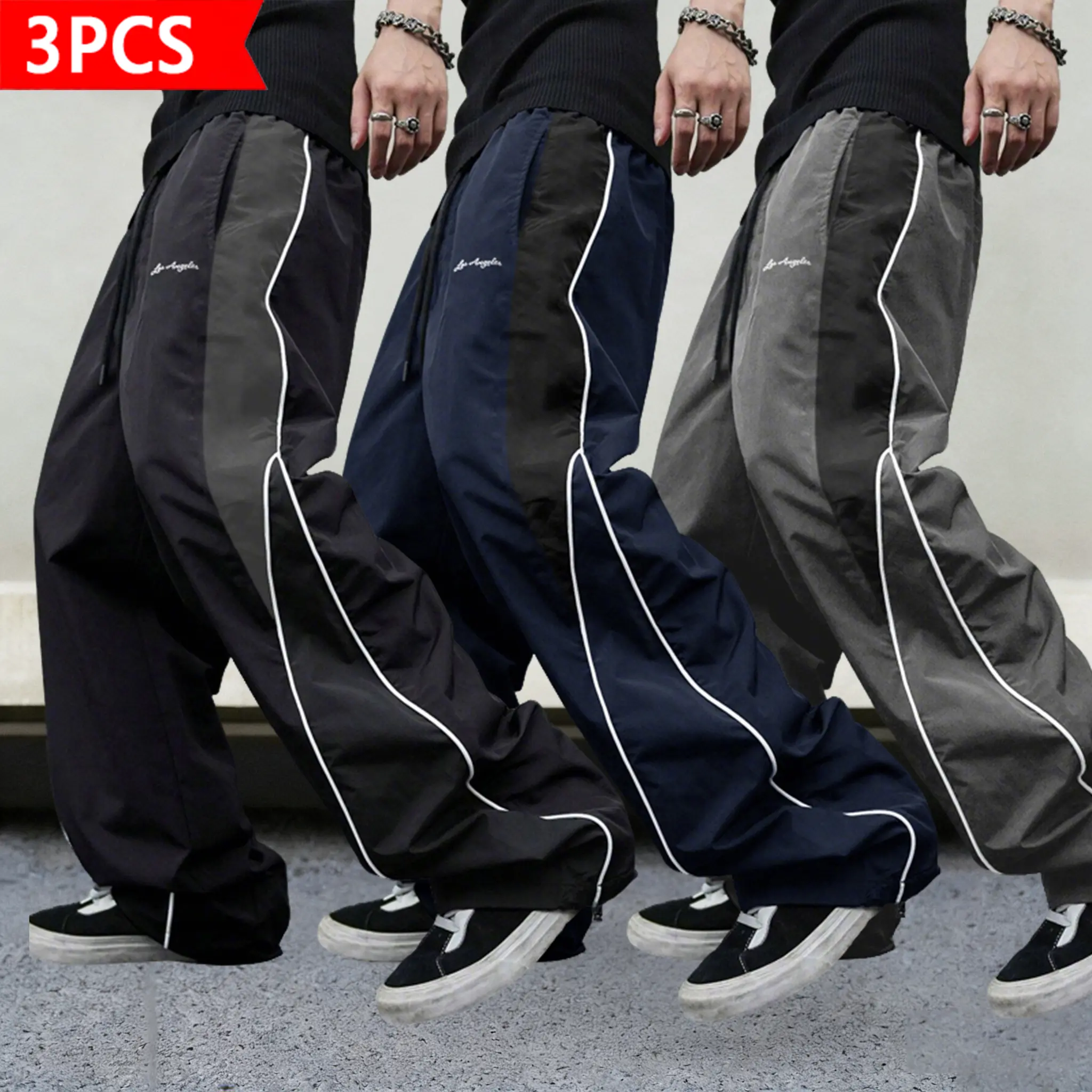 3-Pack Men’s Two-Tone Wide-Leg Pants, Lightweight Parachute Pants with Side Stripes, Elastic Waist Drawstring Streetwear Pants for Hip Hop, Y2K & Everyday Wear, Activewear, Casual, Set, Athletic tiktokshopspringglowup
