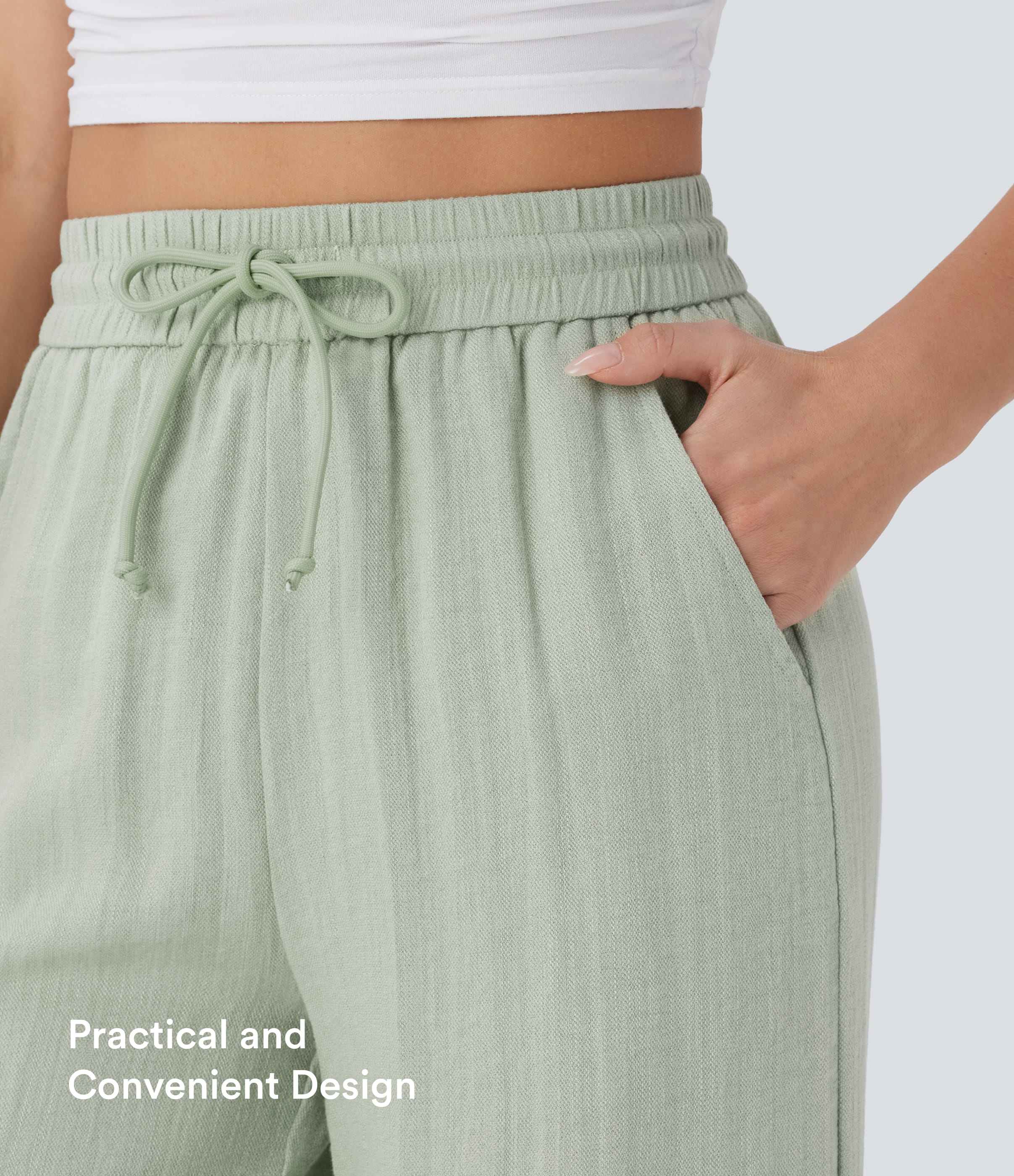 Halara High Waisted Drawstring Pocket Wide Leg Baggy Casual Linen-Feel Pants Halara High Waisted Drawstring Pocket Wide Leg Baggy Casual Linen-Feel Pants