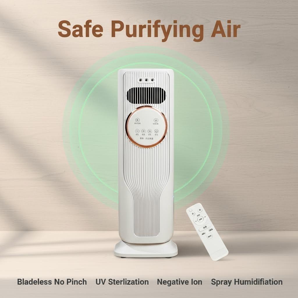 Year-Round Home Comfort: 2-in-1 Bladeless Tower Fan & Space Heater – 3 Speed Fan, 2 Heat Levels, Remote Control, Ice/Water Cool Breeze, Space-Saving, High Efficiency – Perfect for Indoor Use, Bedroom, Office – Safe Quiet Heating & Cooling