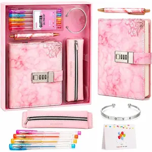 Diary with Lock for Girls Ages 8-12, Ready-to-Gift Journal Set with Combination Lock, 256 Pages, Pen Pouch, Gel Pens & Bracelet, Cute Birthday Christmas Gift for Tween Girls (Pink Marble)