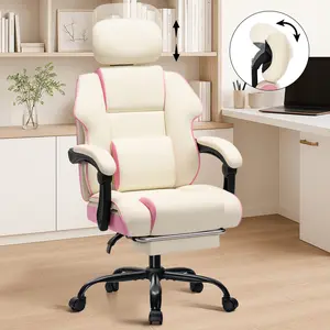 HOFFREE Computer Desk Chair for Girls Teen Ergonomic Office Chair with Foot rest Linkage Armrests Reclining Desk Chair with Adjustable Headrest and Lumbar Support for Home,Office,Study Room,White-Pink