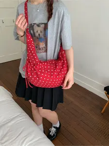 Sweet Girl Style Red Polka Dot Casual Crossbody Bag Soft Canvas Material Daily Outing Dating Student Commute Versatile Shoulder Bag